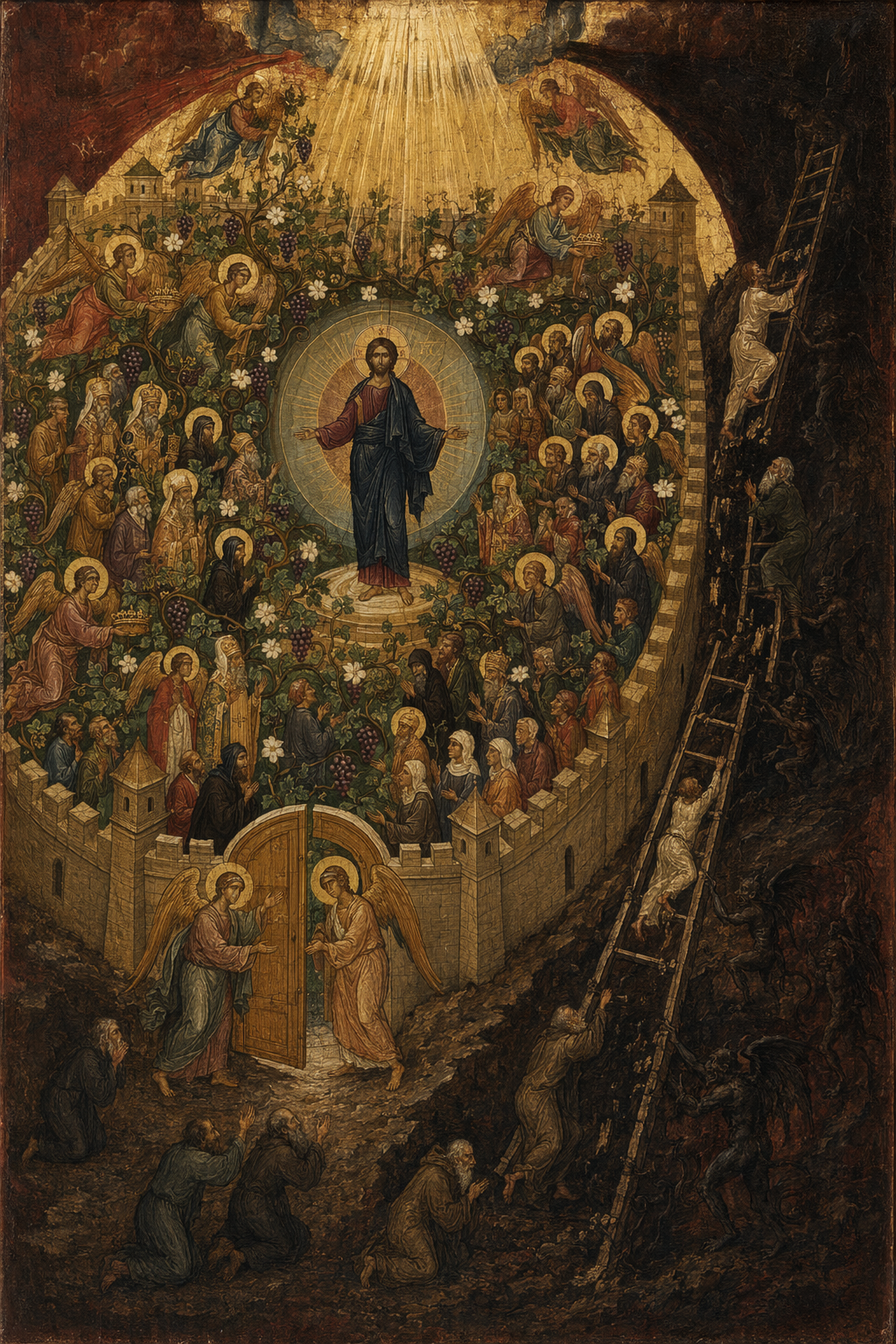 An icon depicting a group of ascetics struggling against passions and demons in their futile pursuit of perfection outside the Church.